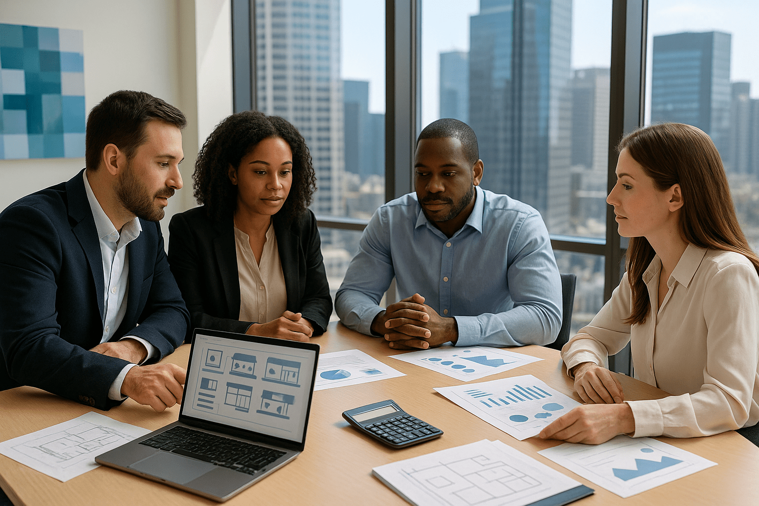 Building a real estate team of specialized professionals including agents, mortgage brokers, attorneys and property managers reviewing investment property acquisition documents during strategic planning meeting