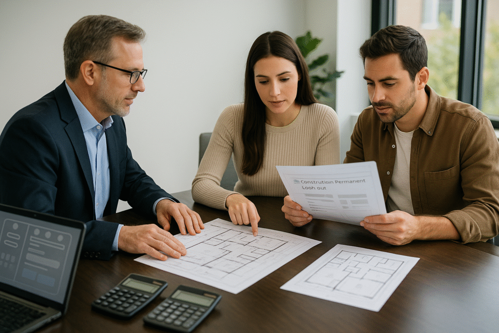 Couple reviewing construction to permanent loan documents and blueprints with mortgage broker during construction loan permanent loan consultation
