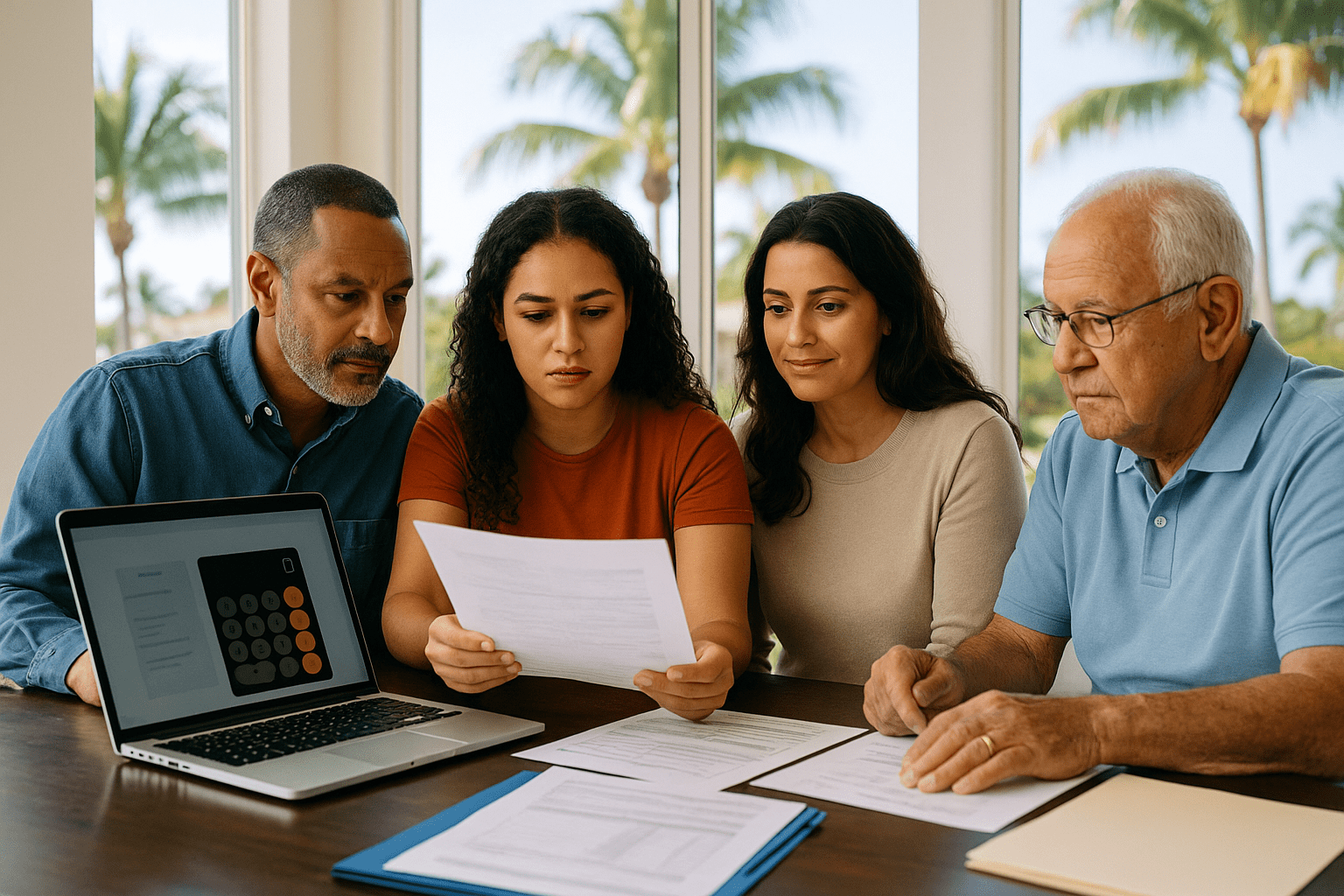Florida family using mortgage estimator Florida calculator to determine home affordability while reviewing loan documents and insurance quotes during purchase planning