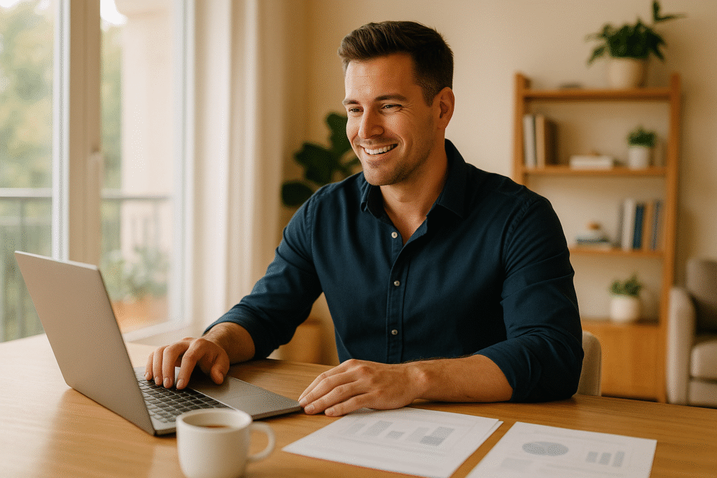 Self employed business owner reviewing bank statement loan and no doc loan options for self employed mortgage qualification