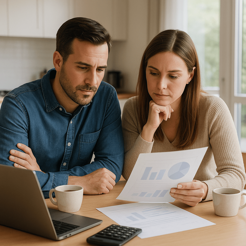 Couple reviewing when to refinance mortgage documents at kitchen table with laptop and calculator during rate comparison research