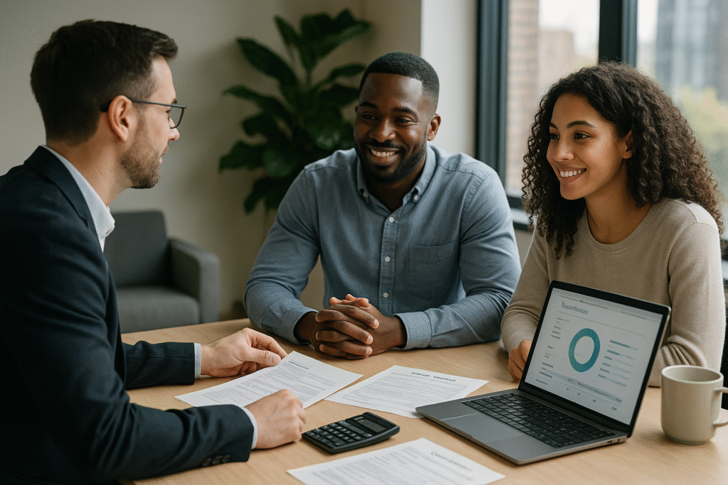 Professional couple reviewing how to qualify for mortgage documents with loan officer to understand credit score requirements and debt to income ratio for mortgage approval