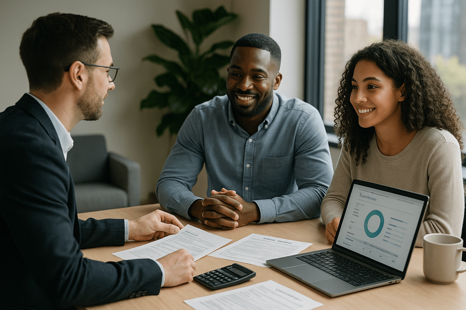 Professional couple reviewing how to qualify for mortgage documents with loan officer to understand credit score requirements and debt to income ratio for mortgage approval