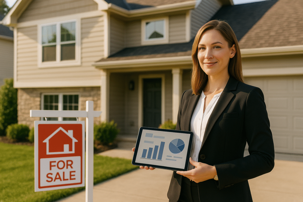 Professional representation of selling a house decision framework with real estate agent presenting comprehensive market analysis and property valuation strategy