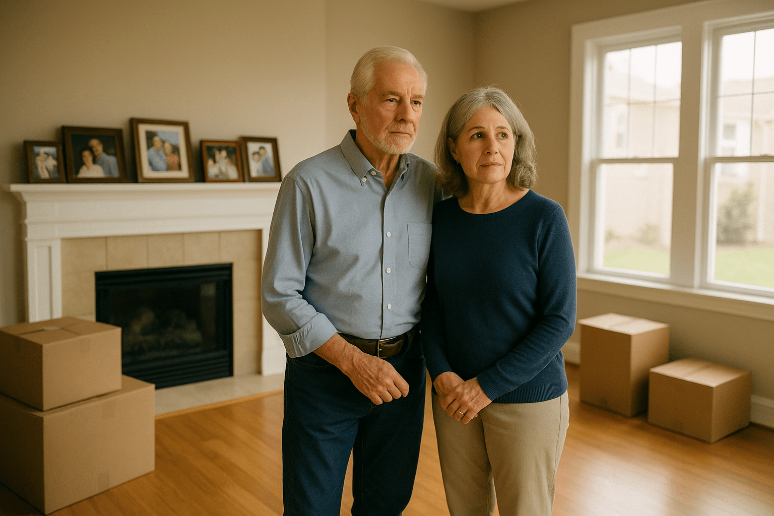 Senior couple contemplating downsizing from family home with decades of memories