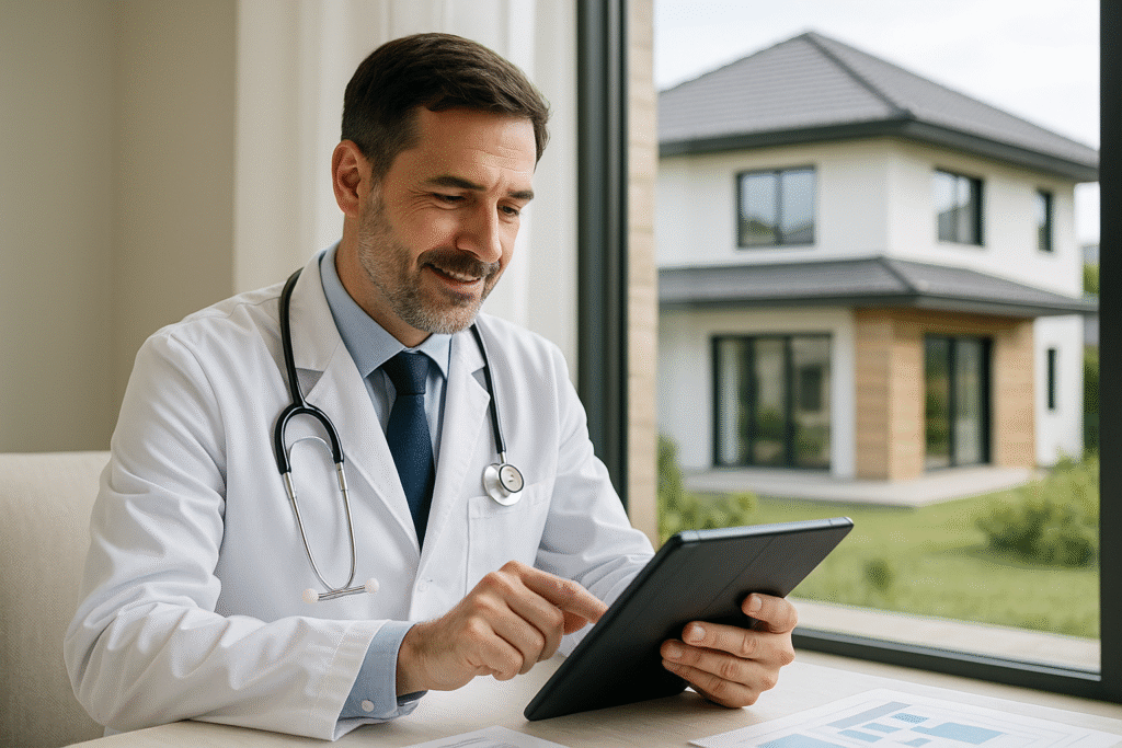 Medical doctor reviewing physician mortgage loans documentation on tablet with luxury home visible through window background