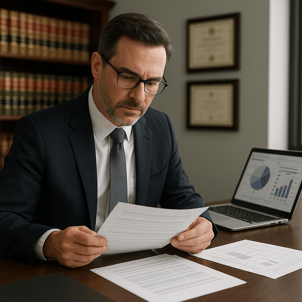 Attorney reviewing attorney mortgage loan documents in professional law office with legal credentials and financial paperwork