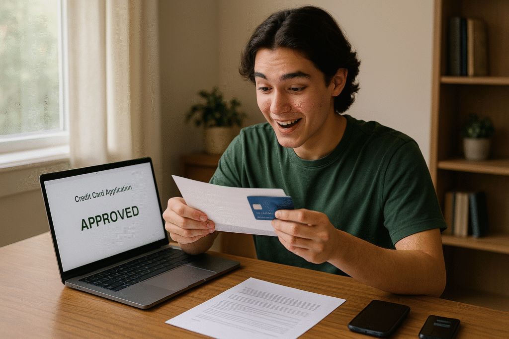 Young adult opening first credit card approval with laptop showing confirmation