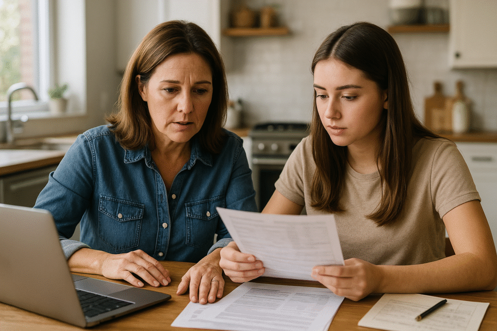 Parent teaching teenage daughter about college savings and home down payment balance at kitchen table