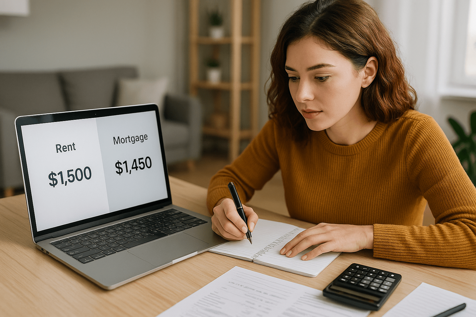 Young adult comparing rent payment versus mortgage payment on laptop calculator analyzing housing decision