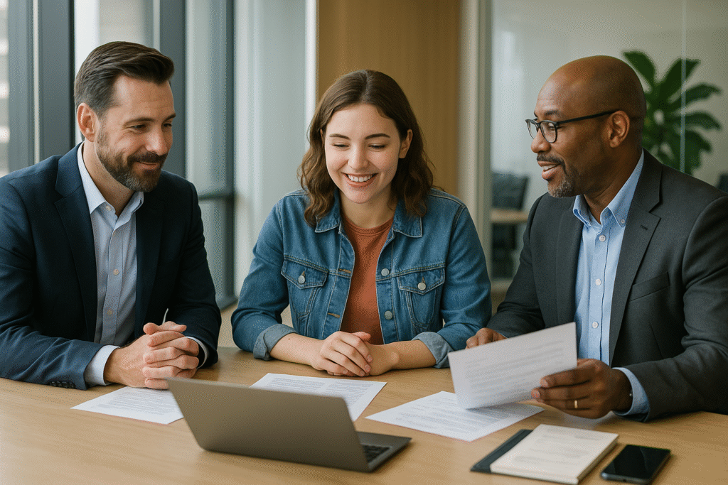 Young adult first-time buyer meeting with real estate agent and loan officer building professional support team