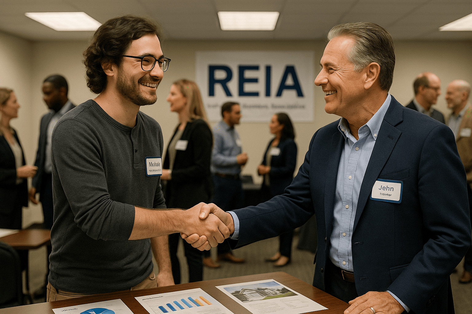 First-time investor shaking hands with experienced investor at REIA meeting that led to off-market deal