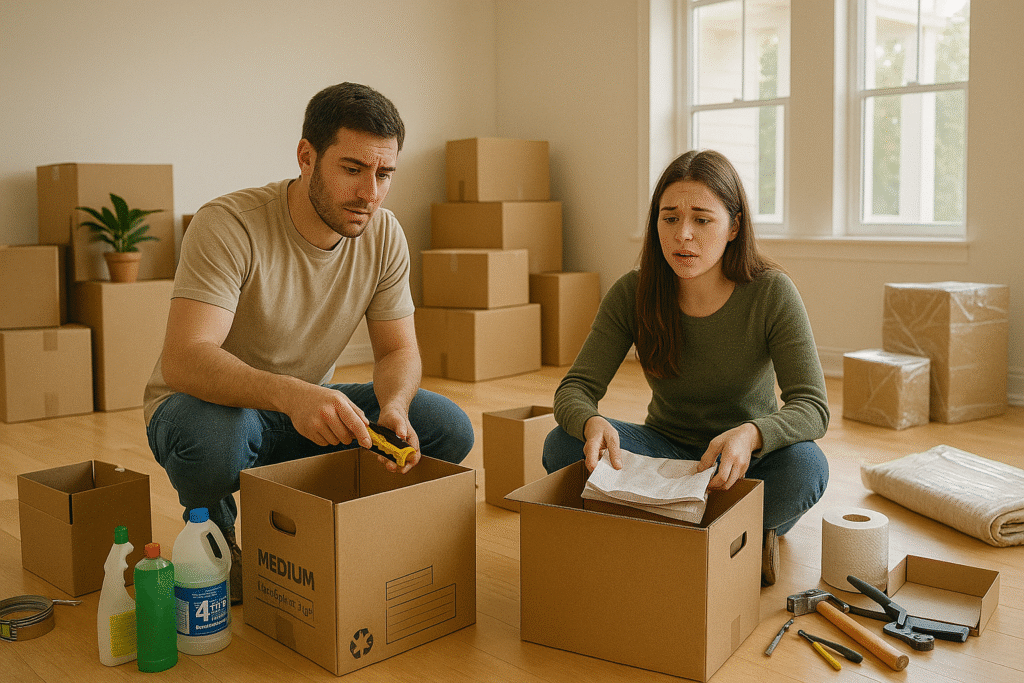 First-time home buyers unpacking essentials in empty living room on moving day