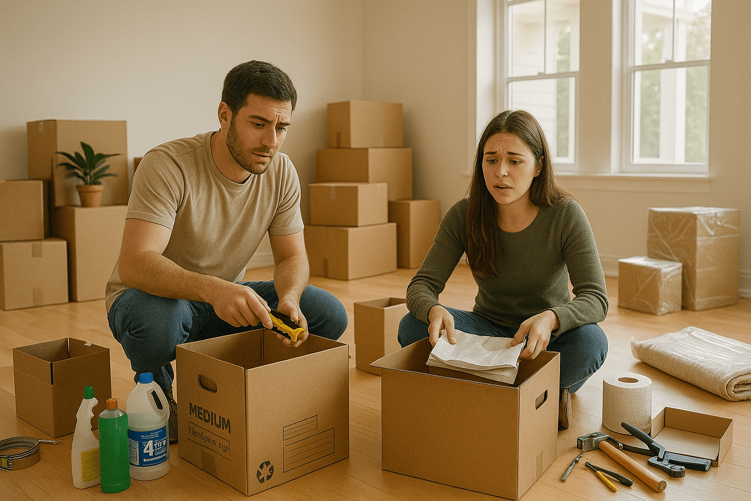 First-time home buyers unpacking essentials in empty living room on moving day