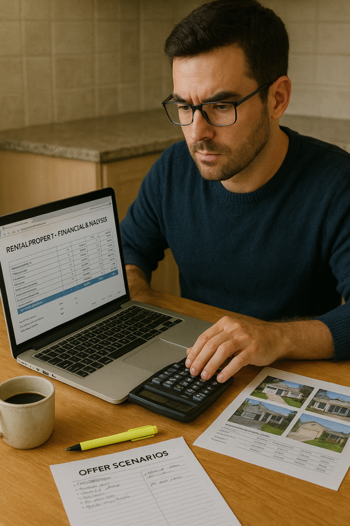 Investor analyzing off-market rental property deal with detailed financial projections and comparable sales