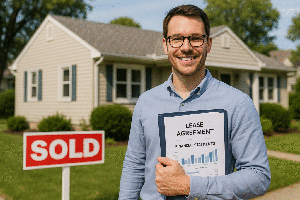 New real estate investor standing proudly in front of first rental property purchased through networking