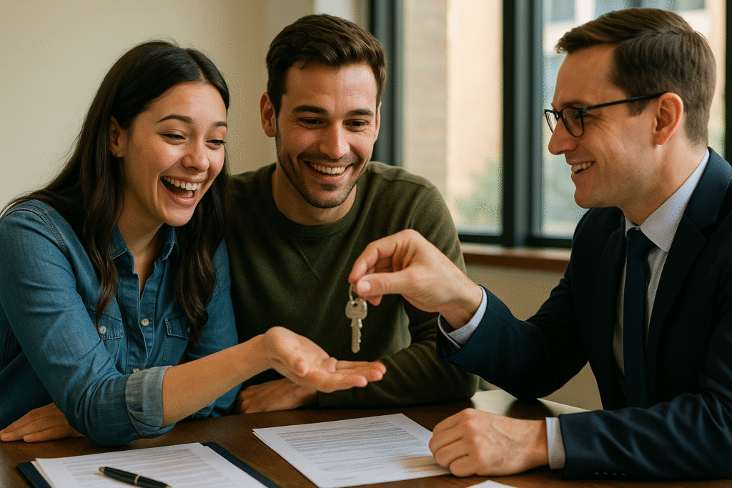 First-time home buyers receiving keys at closing table from real estate agent