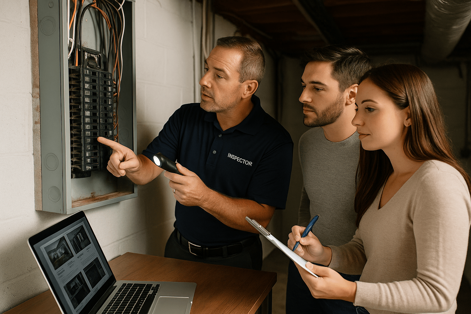 Home inspector and first-time buyers examining electrical panel during home inspection
