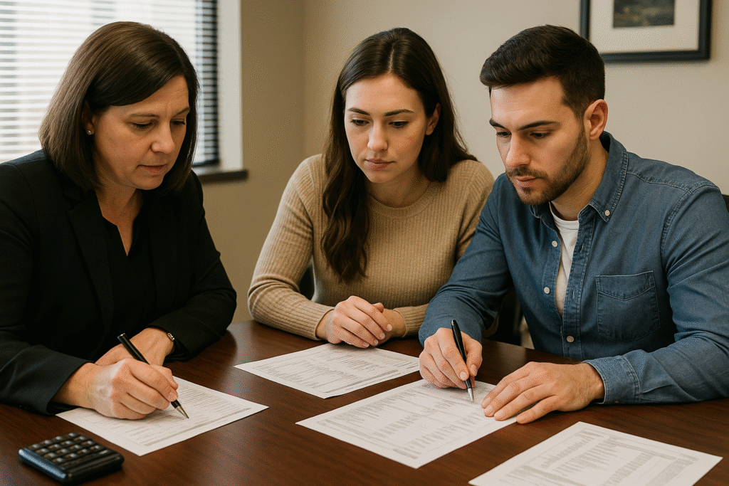 First-time buyers reviewing detailed closing disclosure with title officer at closing table