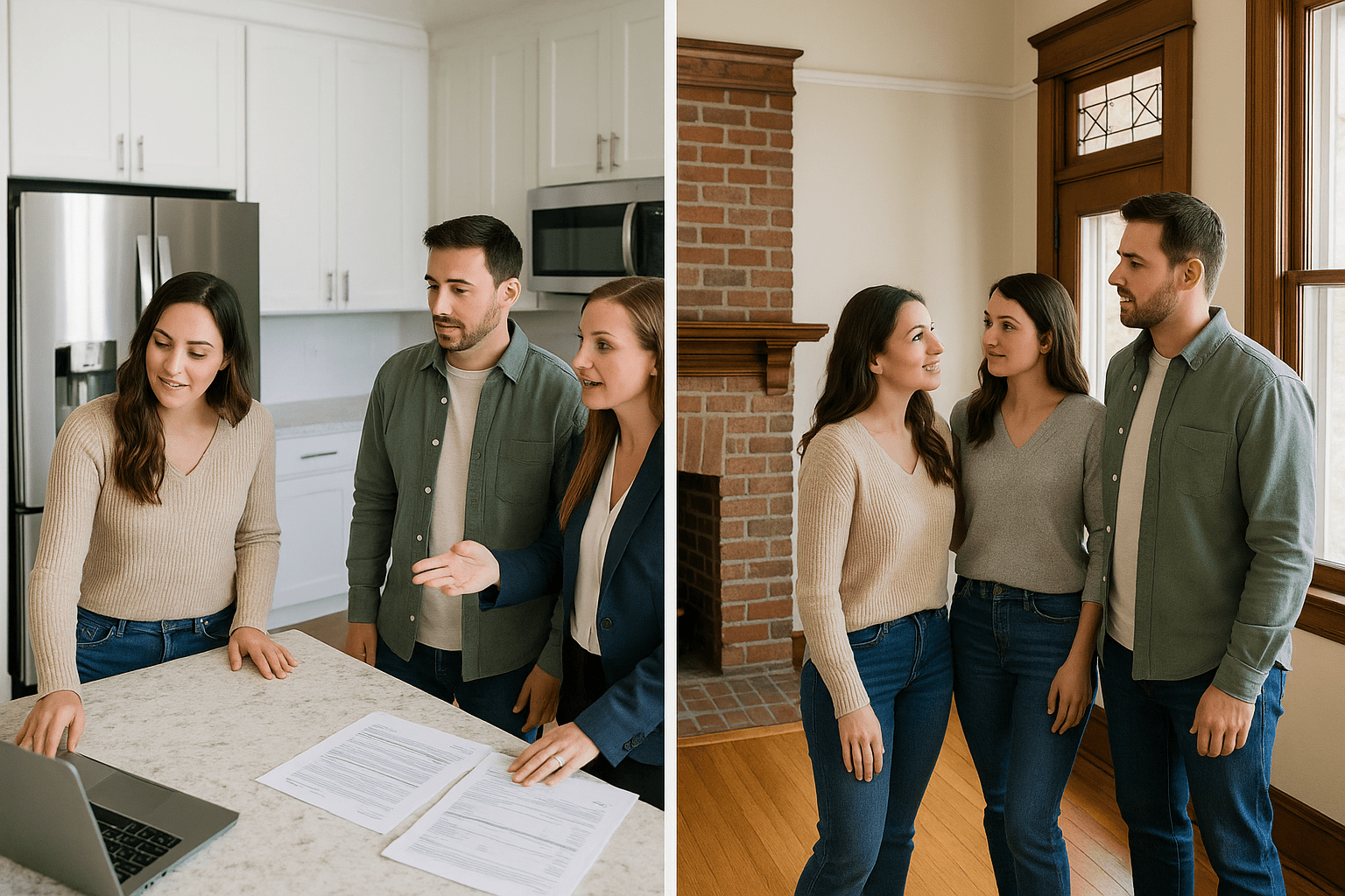 First-time buyers comparing brand new construction home to charming existing home side-by-side