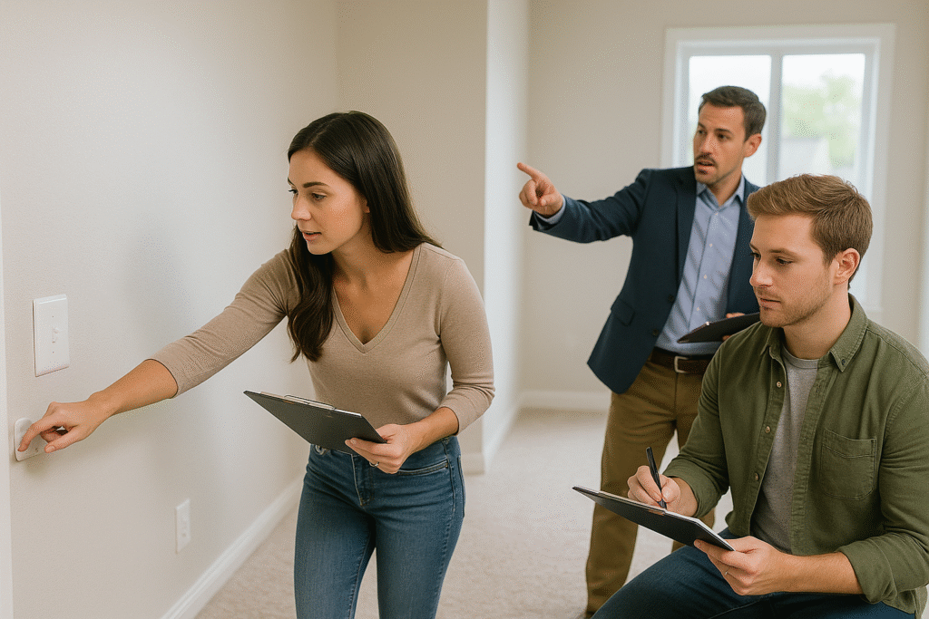 First-time buyers conducting thorough final walkthrough with agent checking every room and system