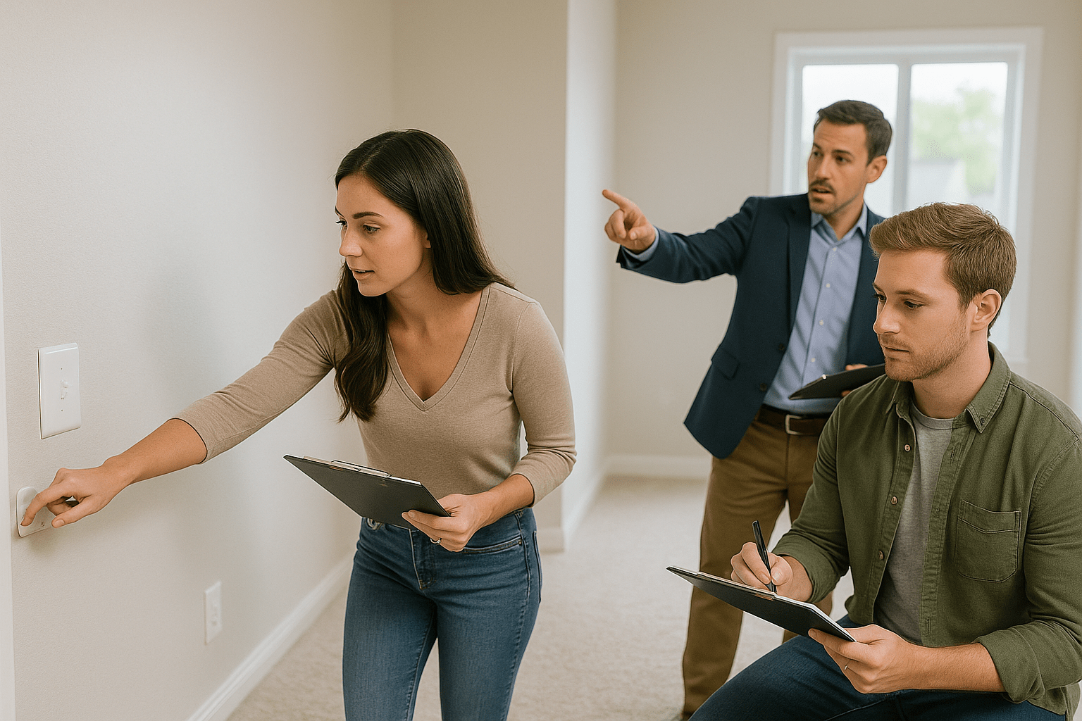 First-time buyers conducting thorough final walkthrough with agent checking every room and system