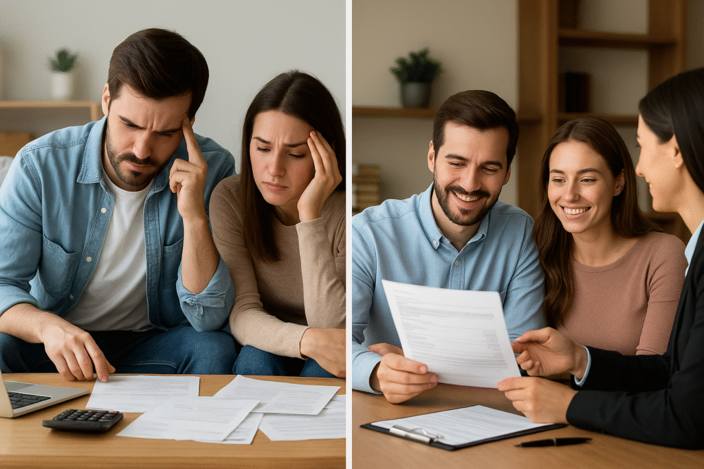 Split comparison showing stressed unprepared buyers versus confident prepared buyers