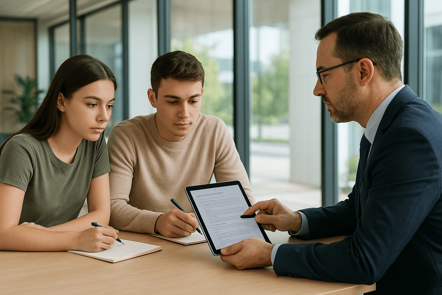 Young couple reviewing FHA loan qualifications with mortgage advisor in professional office setting