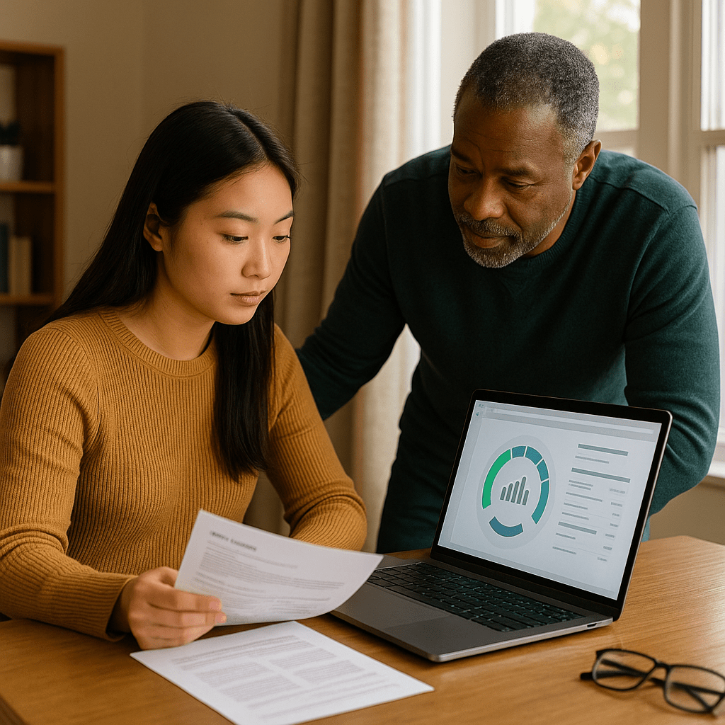 Young adult reviewing credit score report with parent guidance at home desk