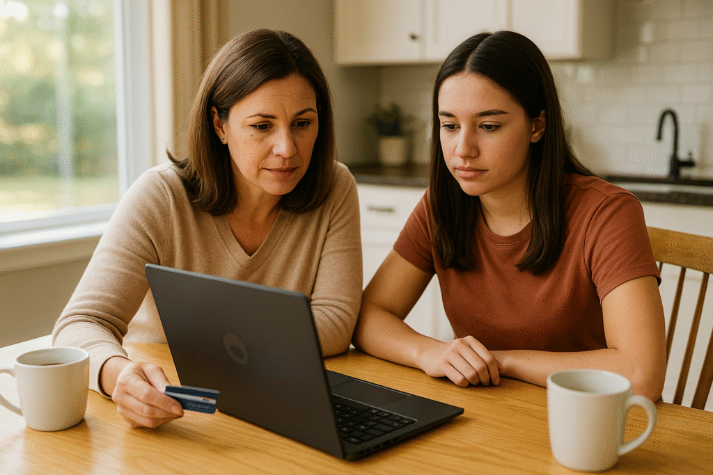 Parent teaching teenager about authorized user credit card benefits at home