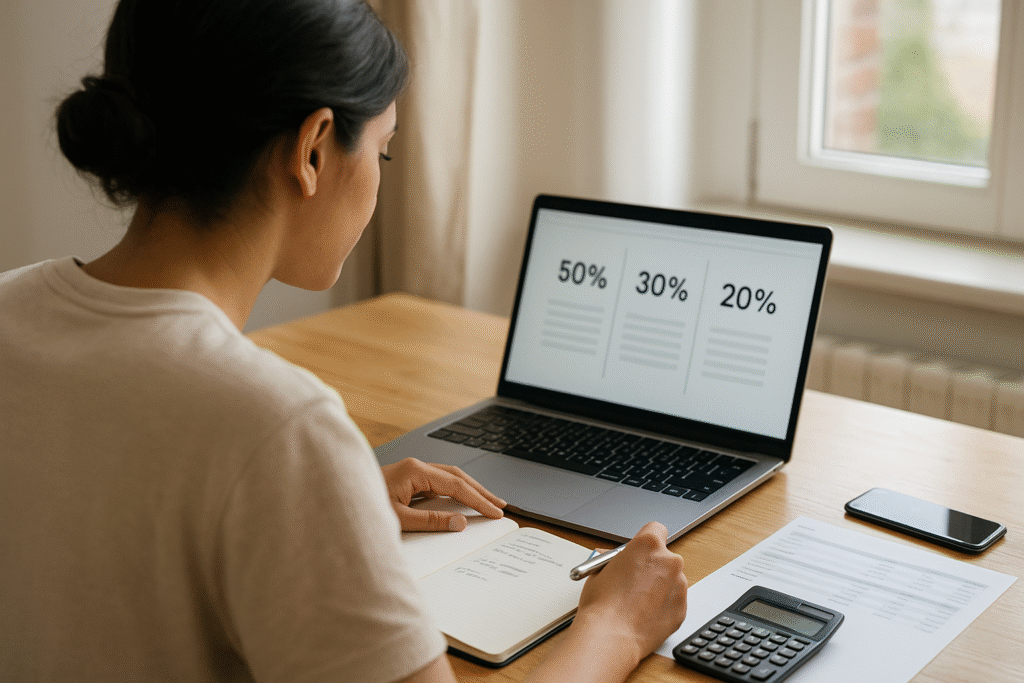 Young adult creating 50-30-20 budget rule spreadsheet on laptop at home desk