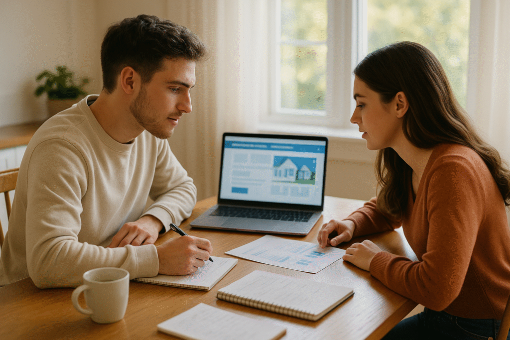 Young couple researching first-time home buyer programs together on laptop at kitchen table