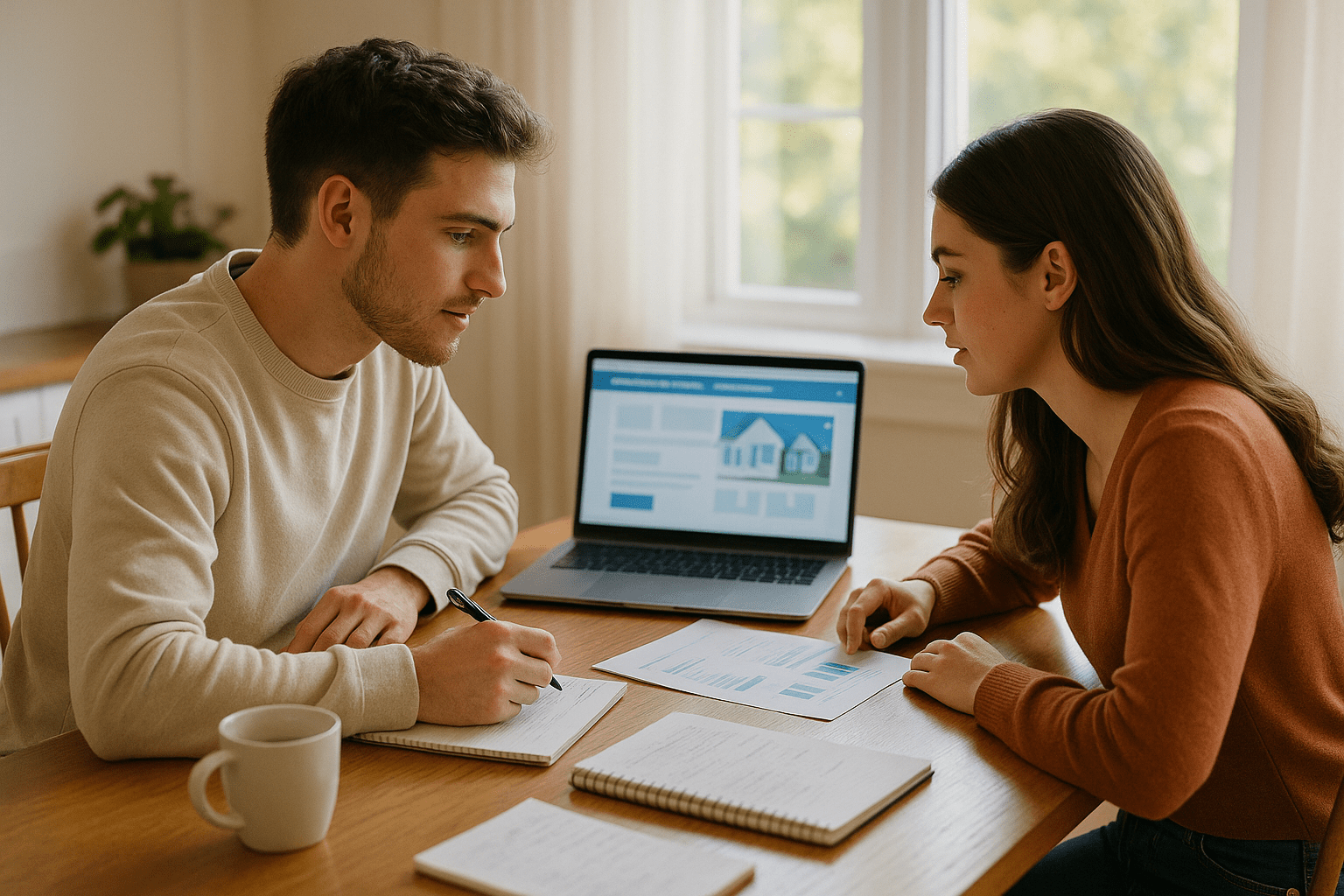 Young couple researching first-time home buyer programs together on laptop at kitchen table