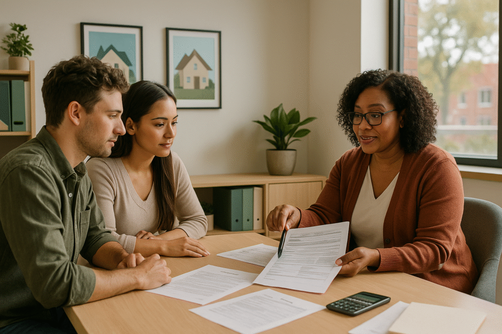 First-time home buyers meeting with housing counselor reviewing down payment assistance programs