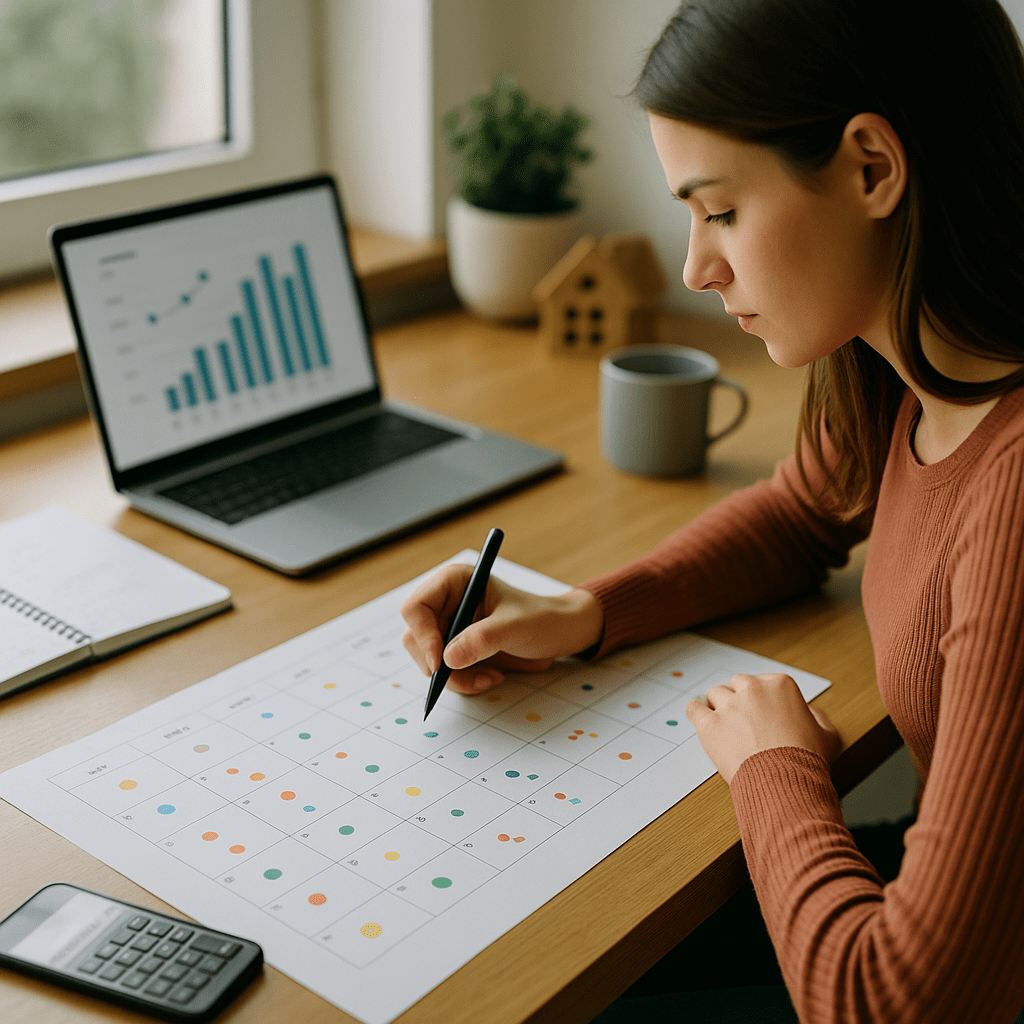 Young adult creating detailed 24-month timeline with quarterly milestones for home purchase goal