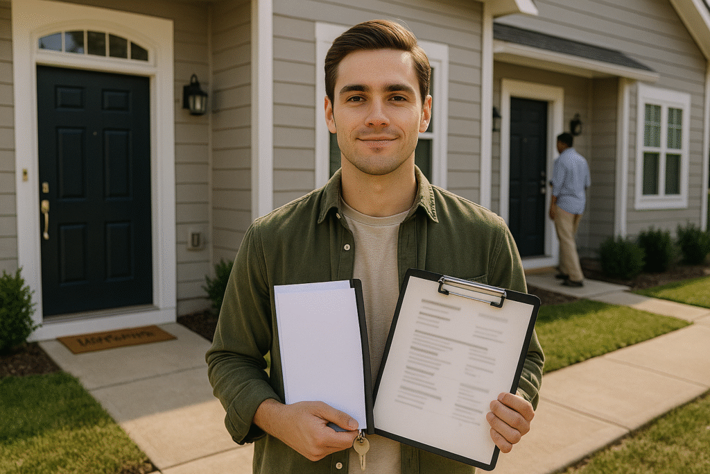 Young adult in front of duplex property showing house hacking strategy with owner-occupied and rental units