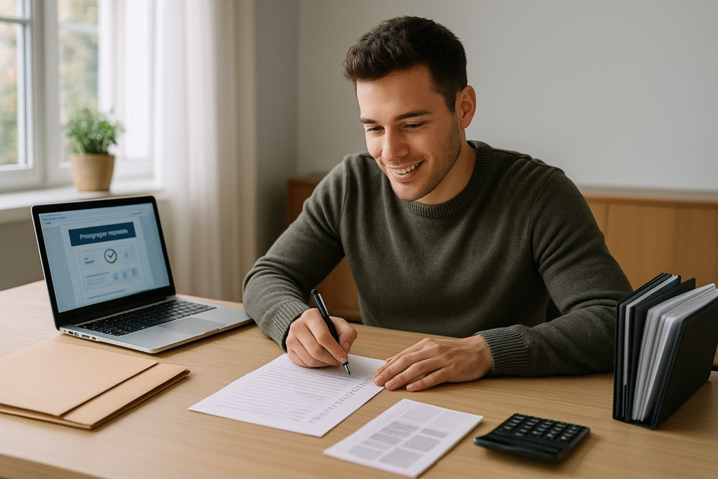 First-time home buyer systematically completing comprehensive readiness checklist with organized financial documents