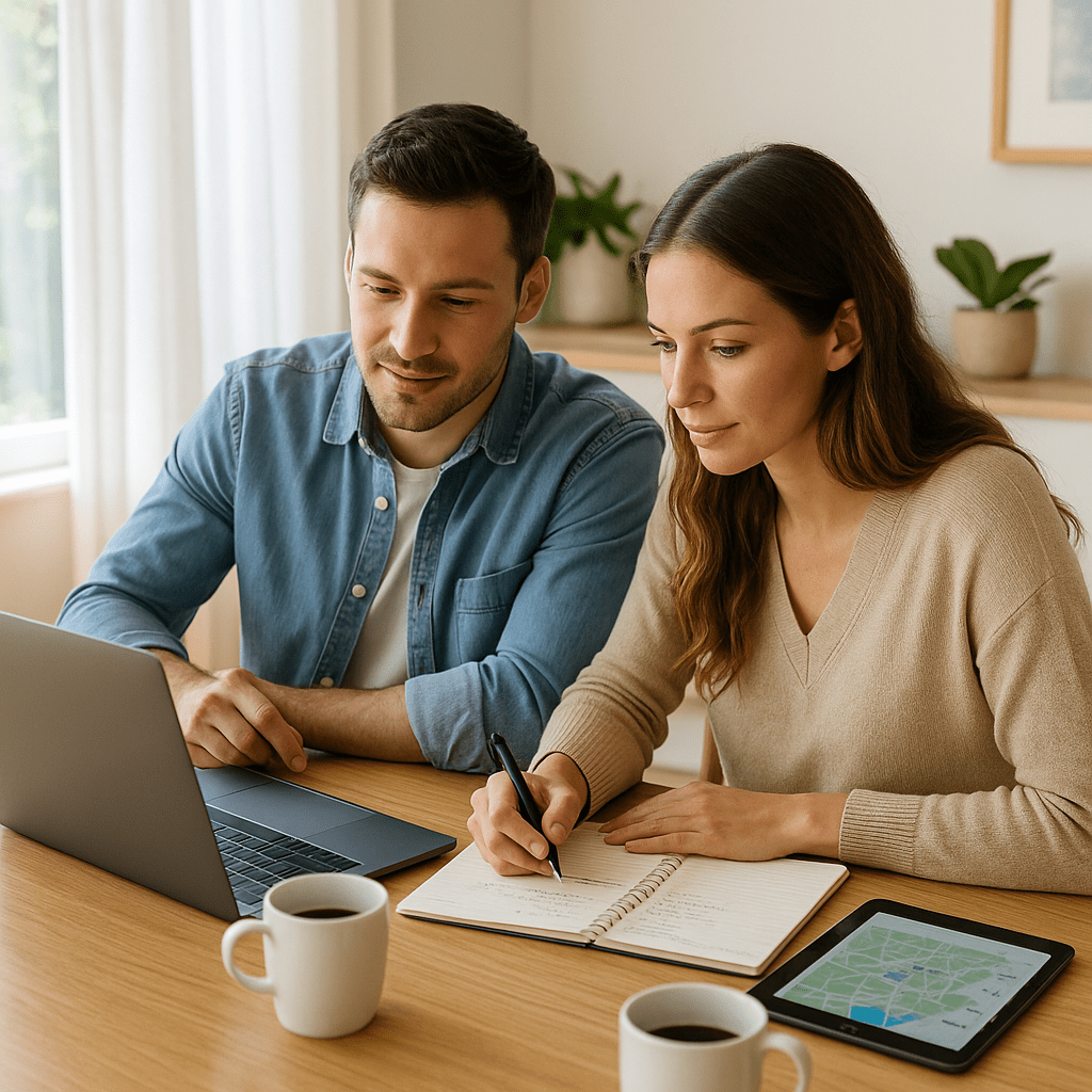 First-time home buyers planning property search strategy with laptop showing listings and criteria notebook