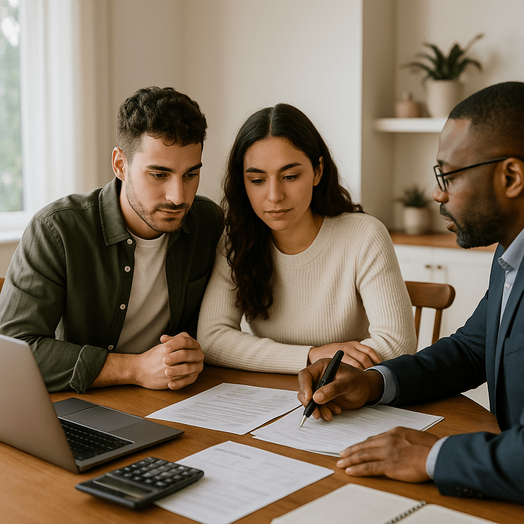 First-time home buyers reviewing offer paperwork with real estate agent at dining table