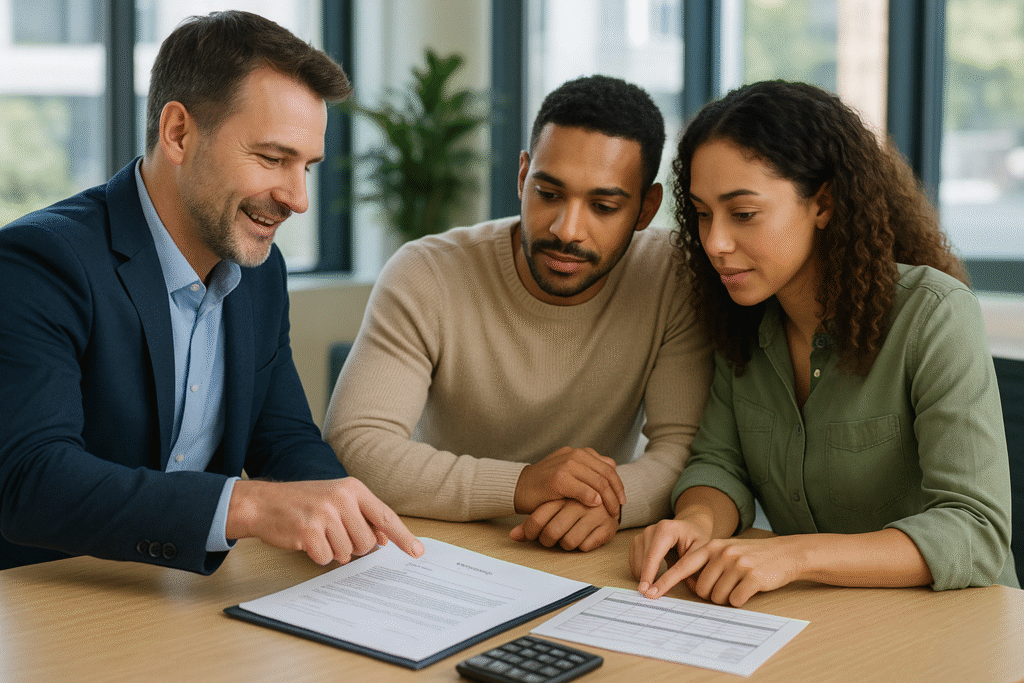 First-time home buyers reviewing buyer representation agreement commission terms with real estate agent