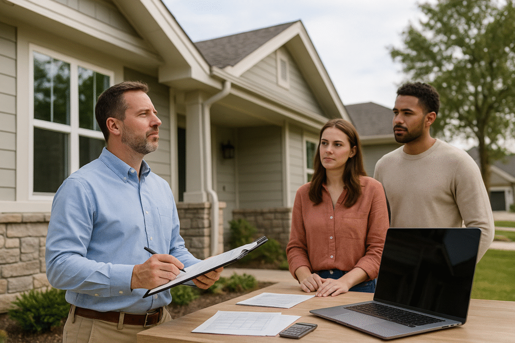 Professional appraiser examining home exterior with first-time buyers observing process