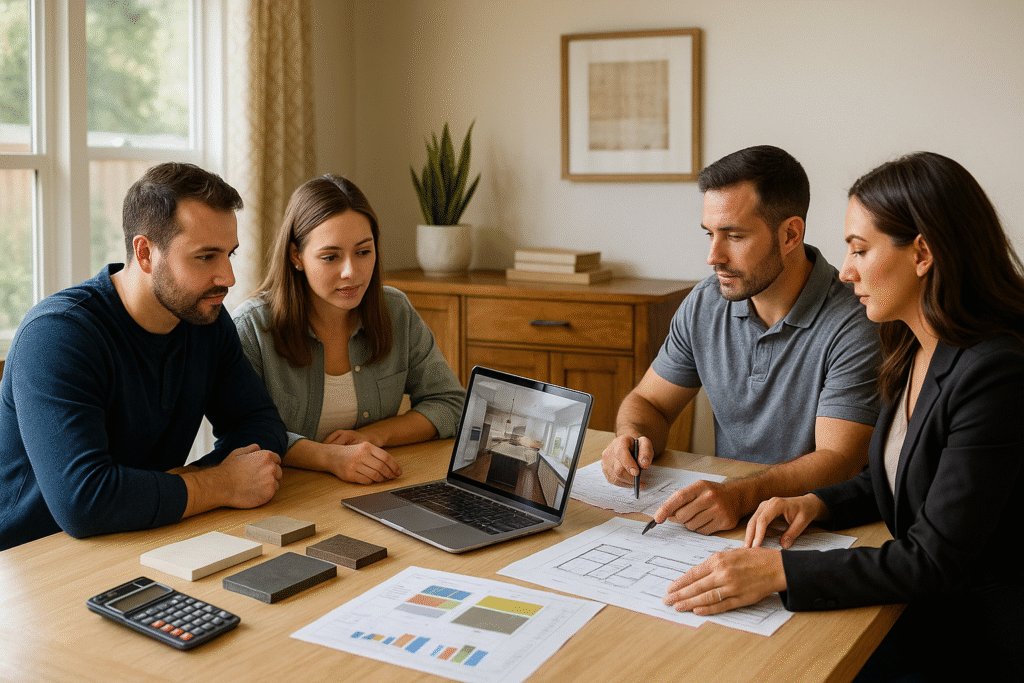 Homeowners planning renovation ROI with contractor and designer reviewing project costs