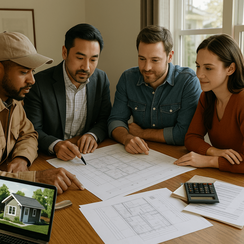 Homeowners planning ADU construction with architect reviewing financing and building plans