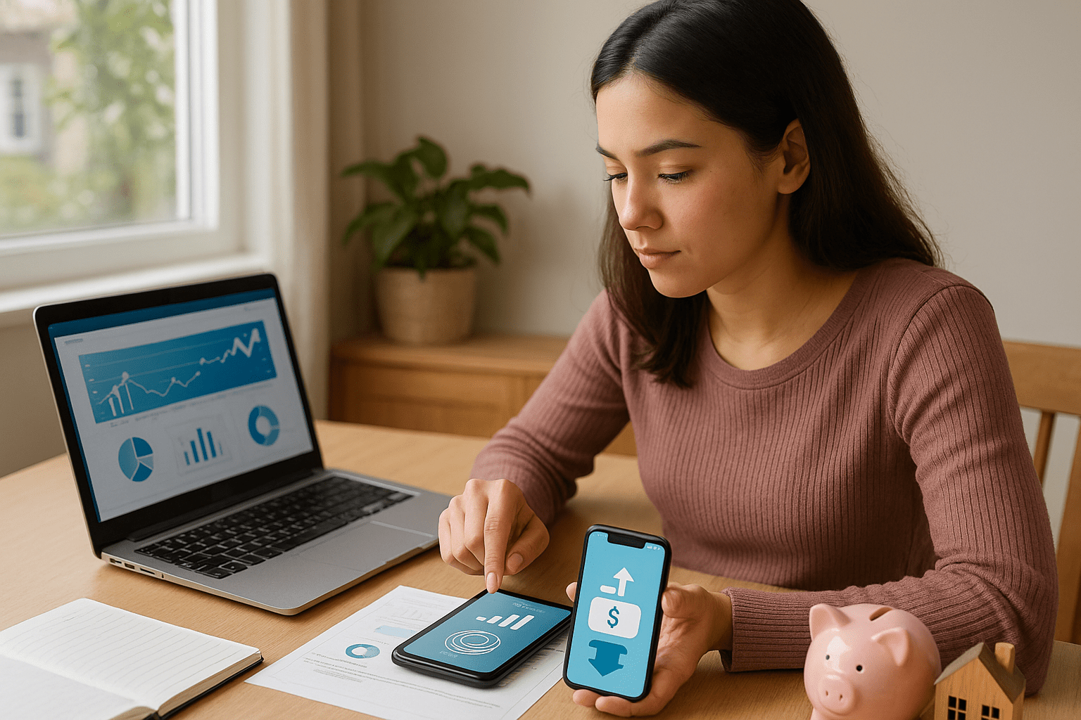 Young adult setting up automatic savings transfer for first home down payment at desk with financial planning tools