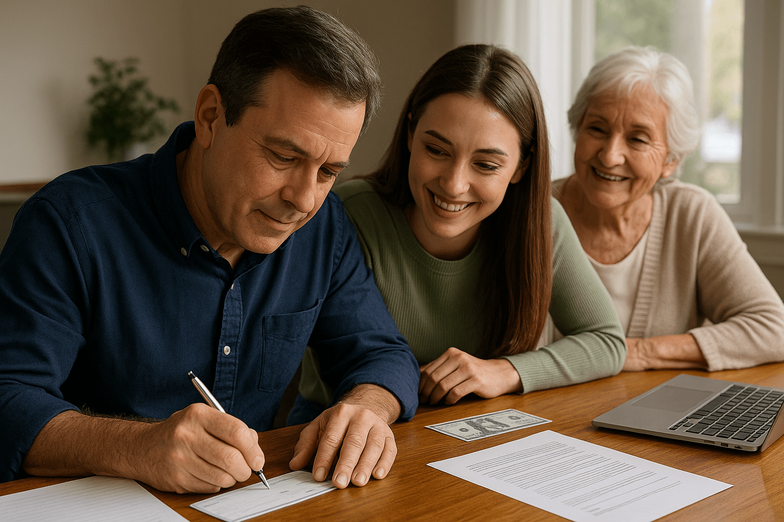 Multi-generational family discussing gift money for down payment with parent writing check for young adult child