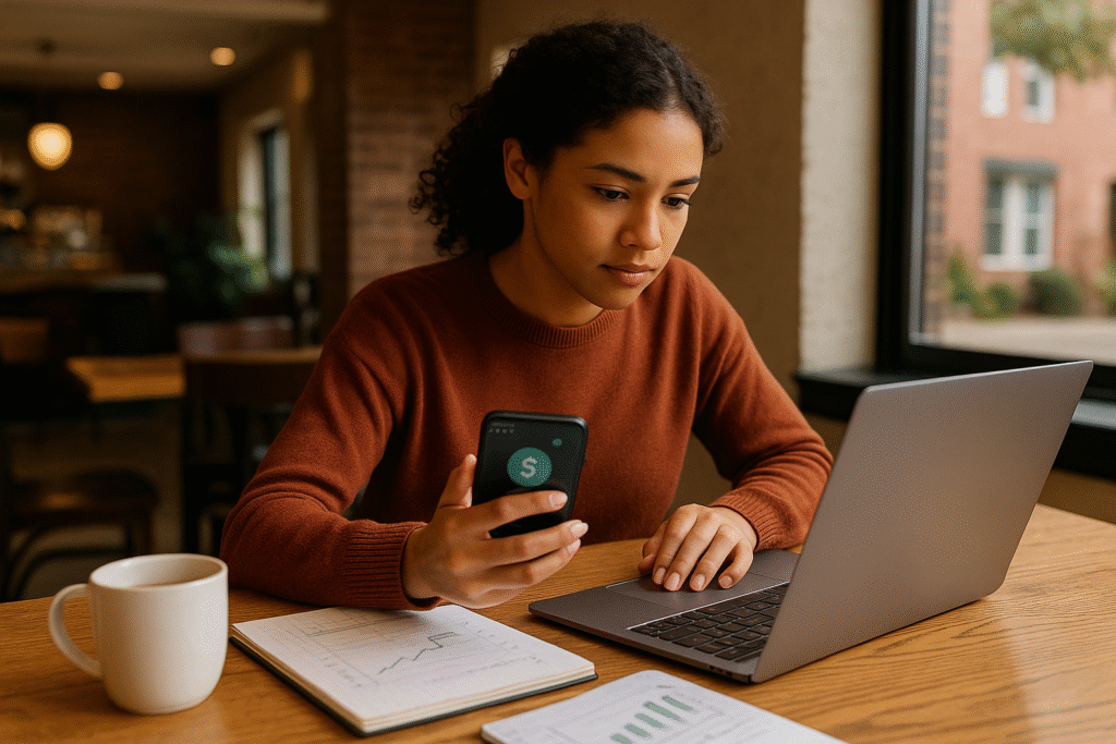 Young adult doing freelance side hustle work at coffee shop earning extra money for home down payment