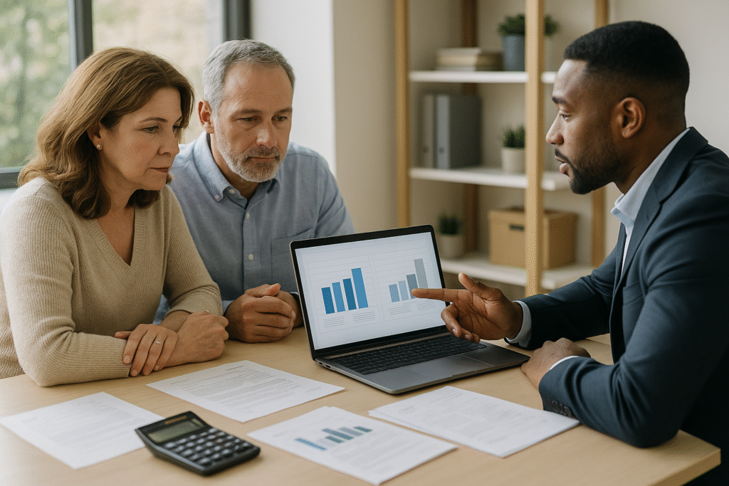 Homeowners comparing mortgage recast versus refinance options with loan officer