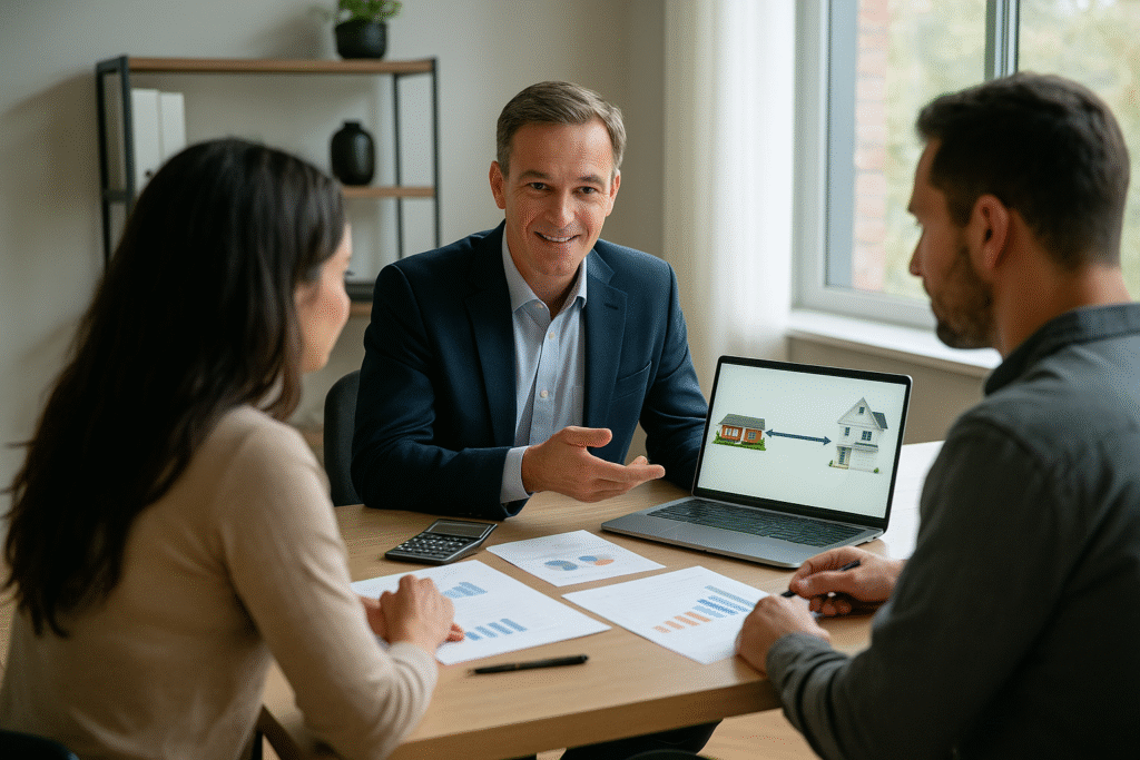 Homeowners reviewing bridge loan options to buy new home before selling current home