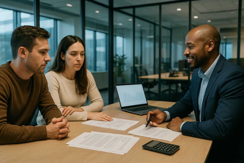 Divorcing couple consulting with mortgage advisor about refinancing and property division options