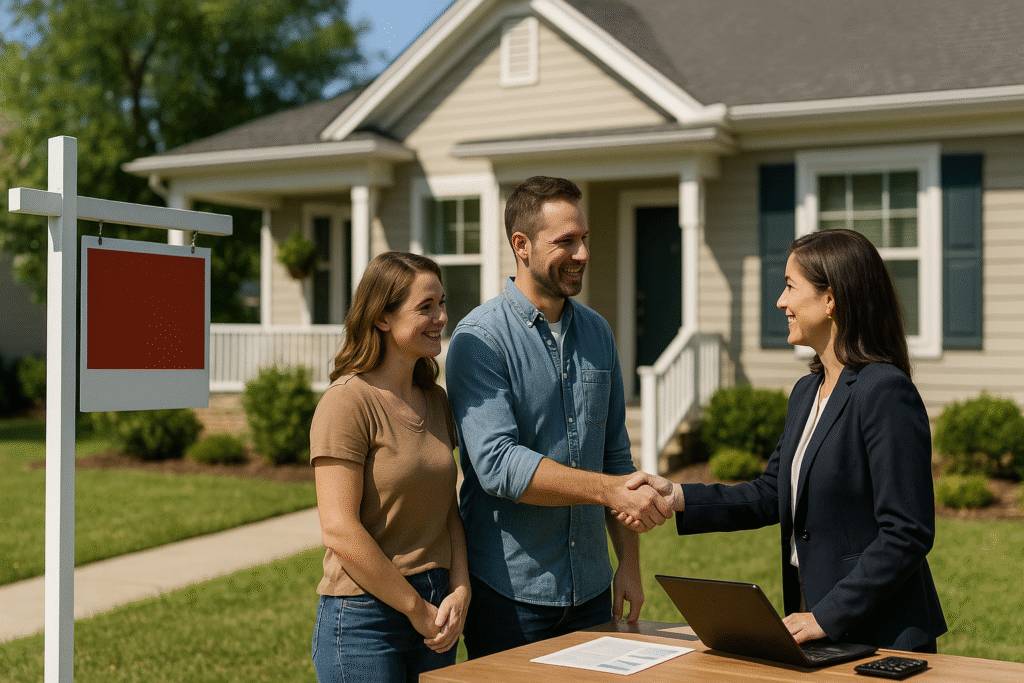 Homeowners celebrating successful home listing with real estate agent in front of For Sale sign